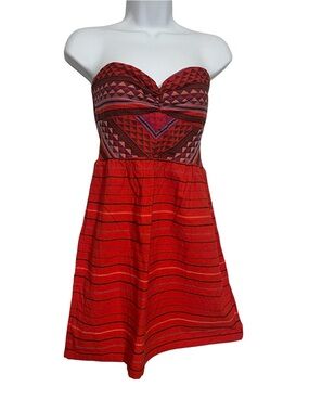 Roxy Red Strapless Tribal A-Line Dress Size Medium Beach Cover Summer Surfer Sun